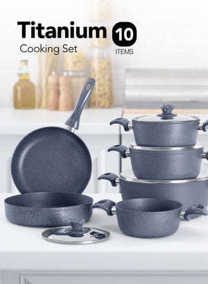 Grandi Cook Titanium set10 pcs Stewpot 18-20-22-28+Round Oven tray26+ Fry pan26 2.5ml