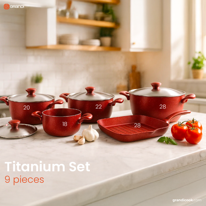 Grandi Cook Titanium Set 9 Pcs Stewpot 18-20-22-28 Grill 28 (2.5mm)