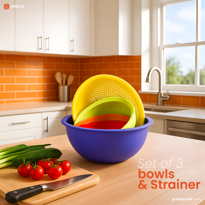 Mix set of 3 bowls & Strainer